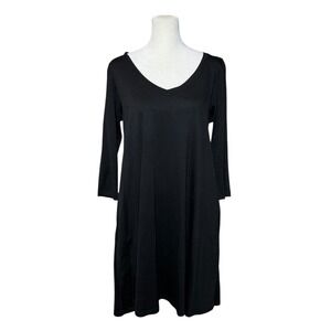 Wool& Wooland Willow Dress Women S Black Merino Wool V-neck 3/4 Length Sleeves